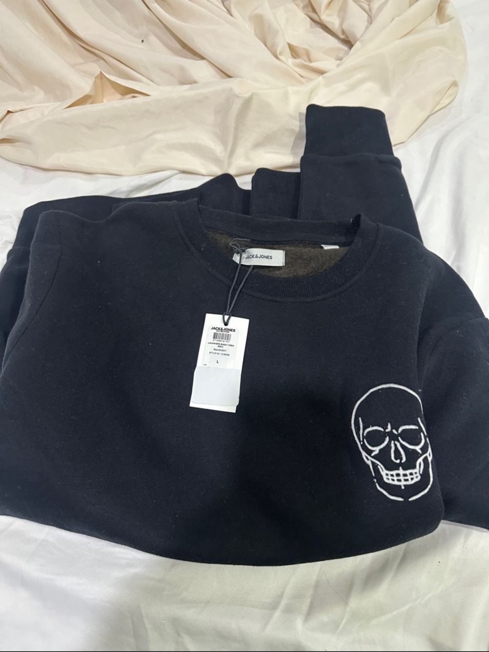 Jack & Jones Black Crewneck Sweater with White Skull Embroidery